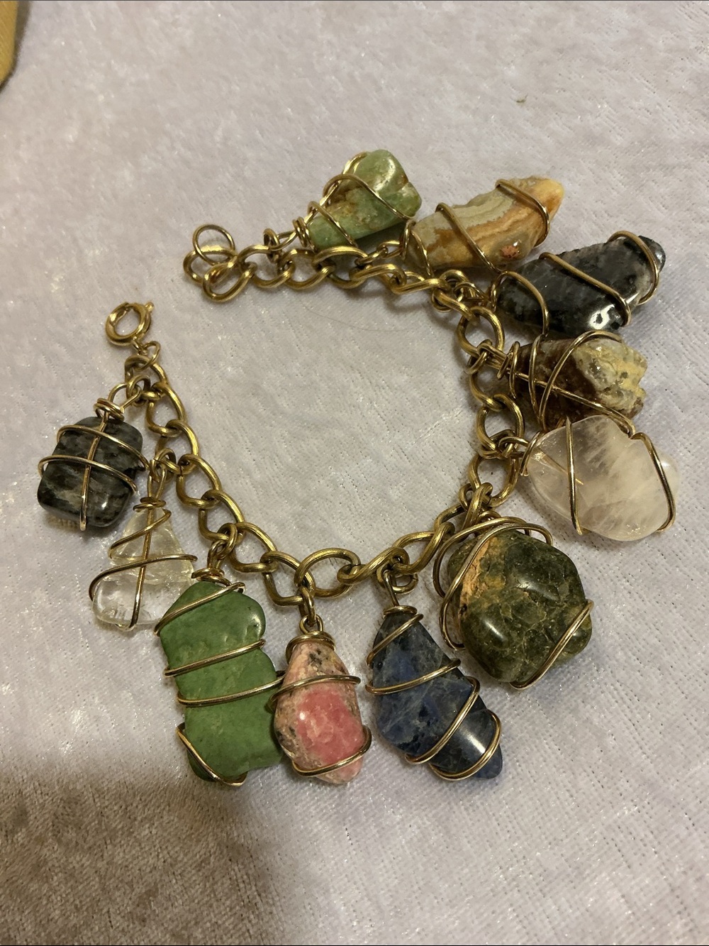 Gold-Tone Multi Gemstone Charm Bracelet - Green Accent